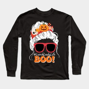 Boo Lunch Lady Messy Bun Spooky Pumpkin Halloween Costume Long Sleeve T-Shirt